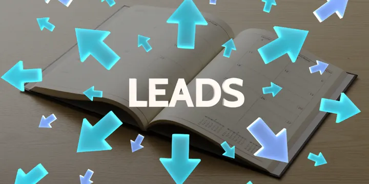 An open book with arrows pointing at the word Leads