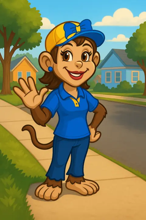 Roxy waving on a neighbourhood sidewalk